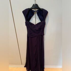 Monique Lhuillier purple gown with ruching and chiffon